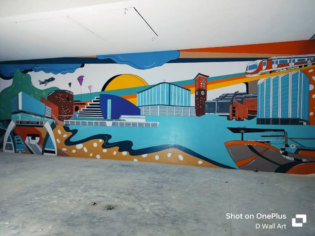 city landscape wall painting in parking basement